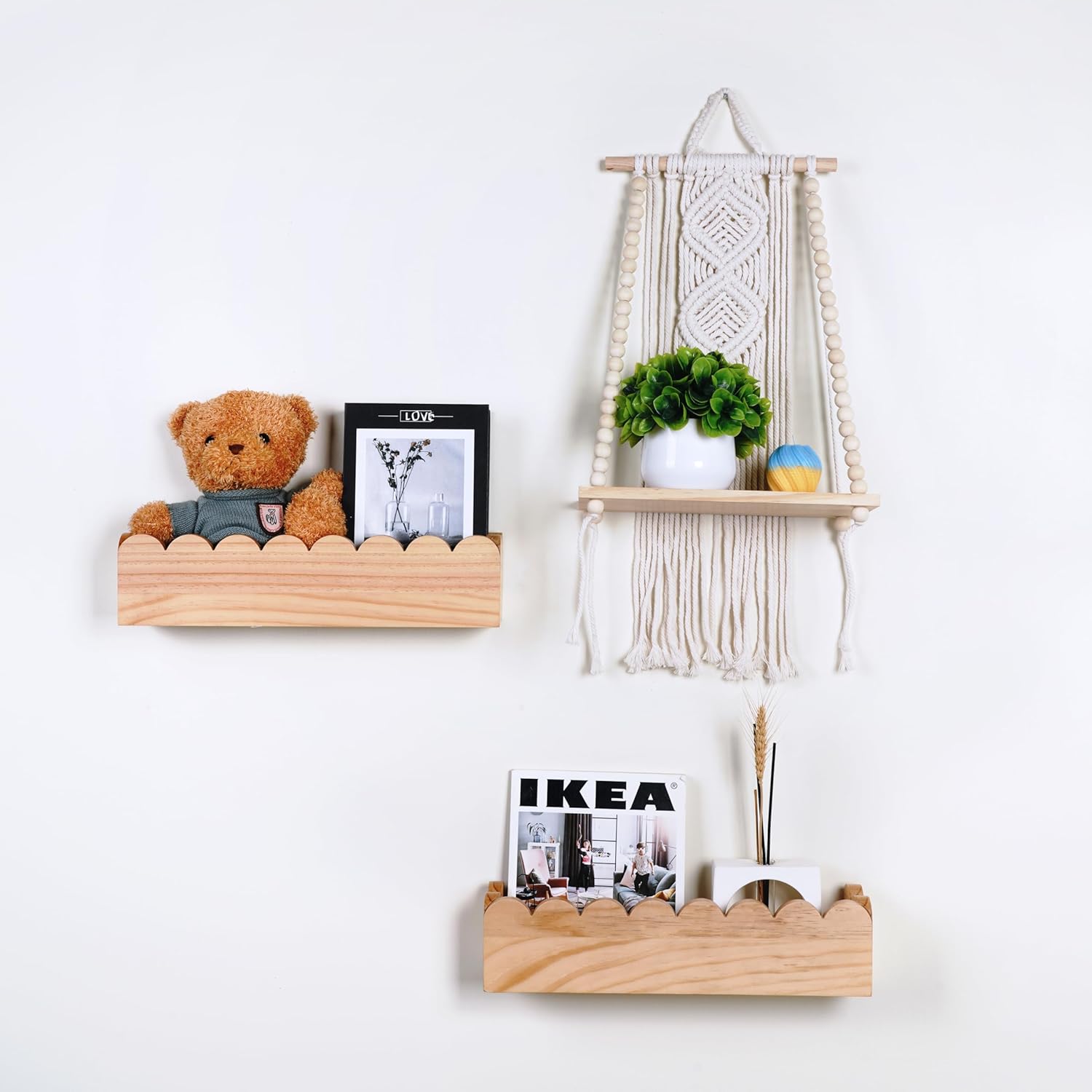 Wooden Macrame Wall Hanging w/Shelf & Sturdy Beaded Rope - Handmade Modern Living Room Decor