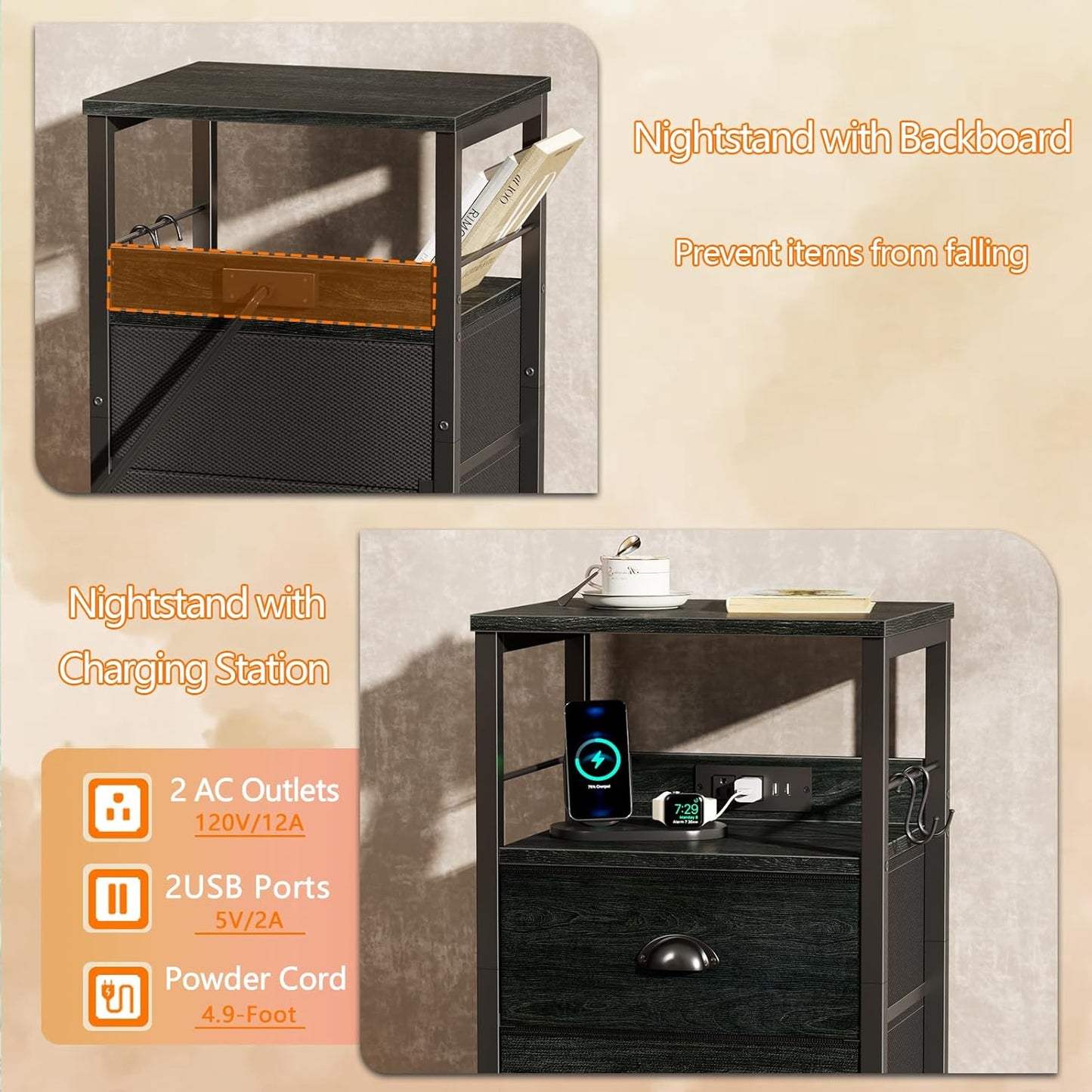 Furologee Nightstand with Charging Station, Black Night Stand with 2 Fabric Drawers, Side Table