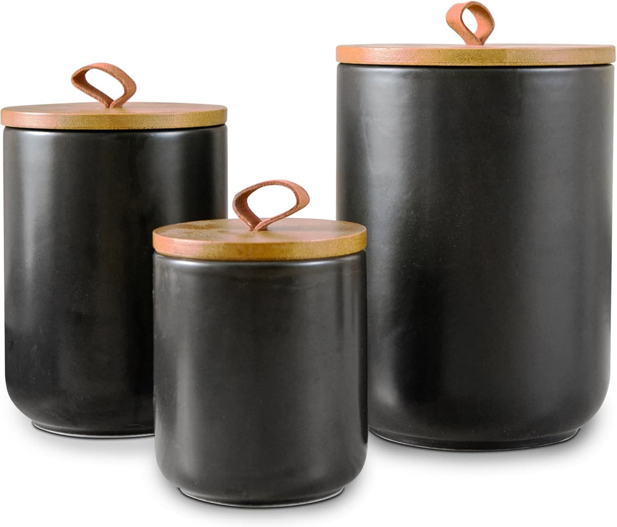 Black Canister Sets for Kitchen, 3pcs Ceramic Canisters with Airtight Wooden Lid, Food Storage Jar