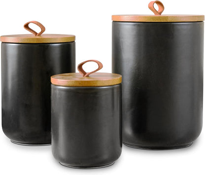 Black Canister Sets for Kitchen, 3pcs Ceramic Canisters with Airtight Wooden Lid, Food Storage Jar