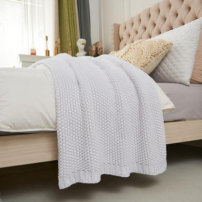 Chunky Cable Knit Throw Blanket Lightweight White 100% Organic Cotton Blanket for Sofa Couch Bed