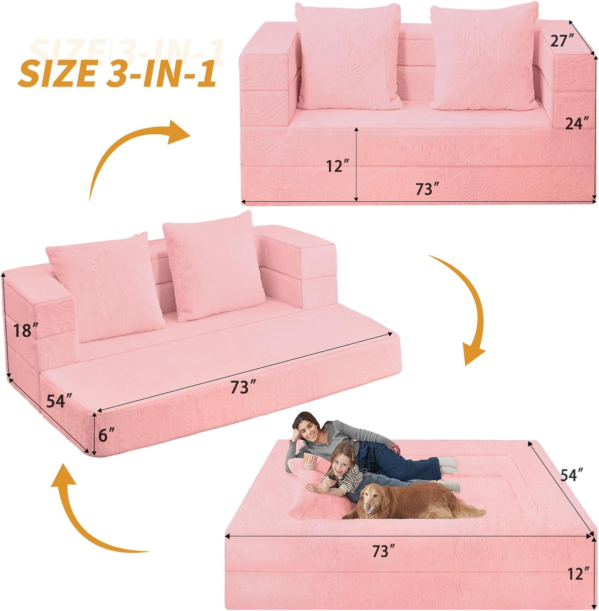 Folding Bean Bag Chair for Adults,3-in-1 Bean Bag Couch Faux Fur Floor Sofa Large Beanbag
