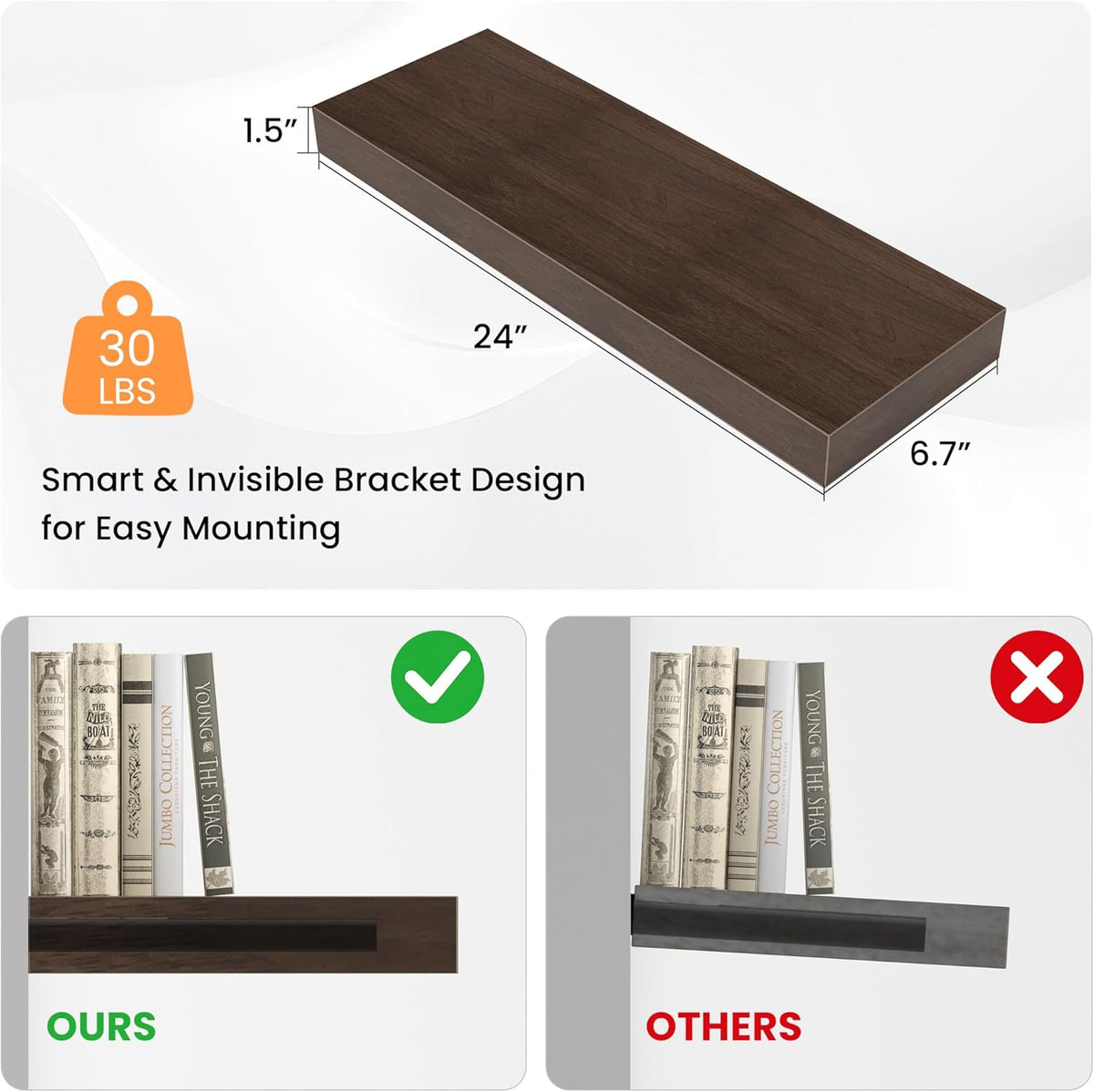 Floating Shelves for Wall, 24" W x 6.7" D x 1.5" H, Wooden Wall Mounted Display Shelves with