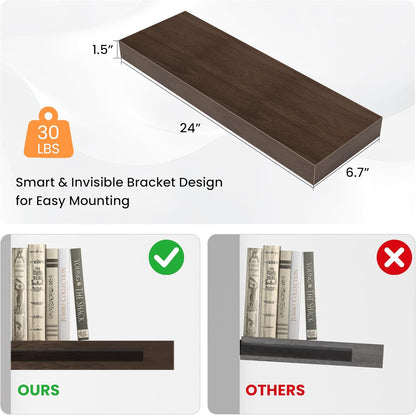 Floating Shelves for Wall, 24" W x 6.7" D x 1.5" H, Wooden Wall Mounted Display Shelves with