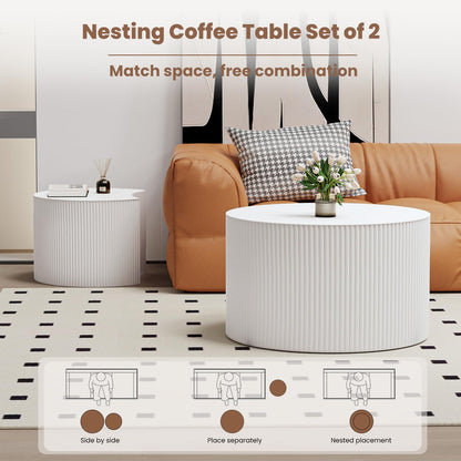 Round Nesting Coffee Table Wood Drum Nesting Tables Modern Stacking Coffee Table Set of 2 Fluted