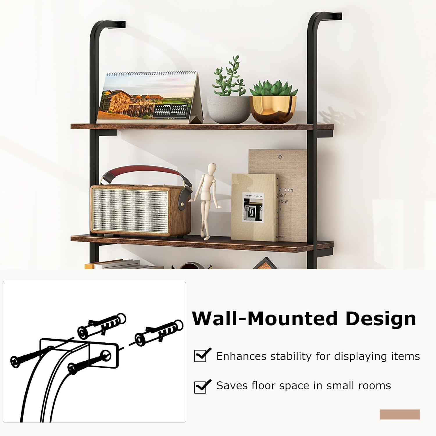 Giantex 4-Tier Industrial Bookshelf Set of 2, Wall Mounted Pipe Shelving Unit, Floating Shelves