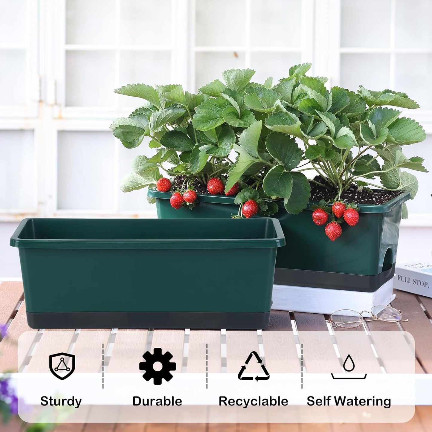 Window Box Planter 8 Pcs, 17 Inches Rectangle Flower Pots with Drainage Holes and Trays, Vegetable
