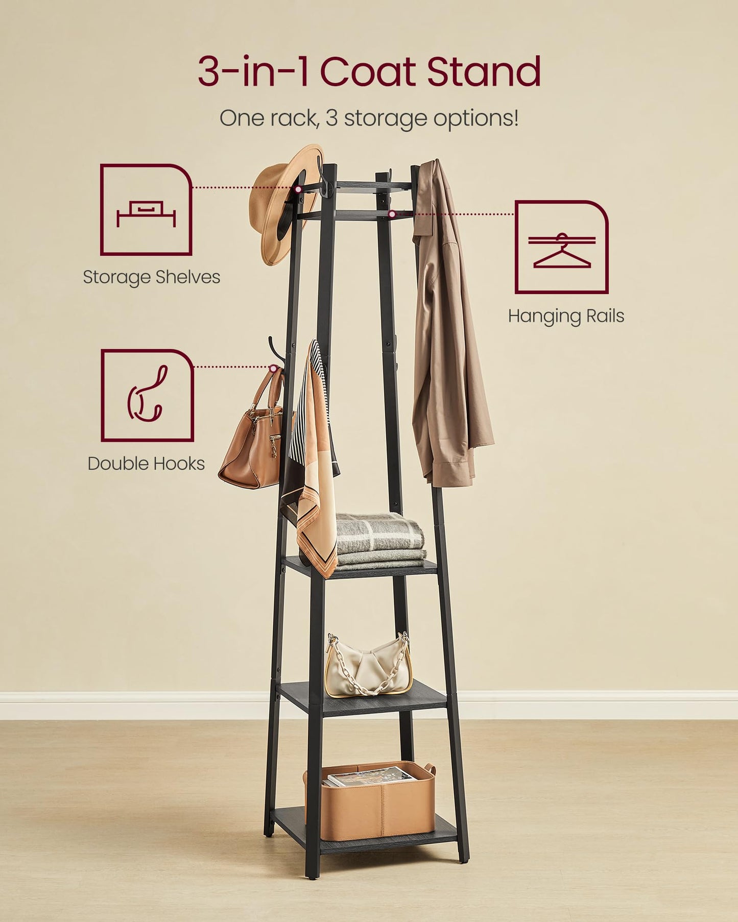 VASAGLE Coat Rack Freestanding, Hall Tree with 4 Shelves
