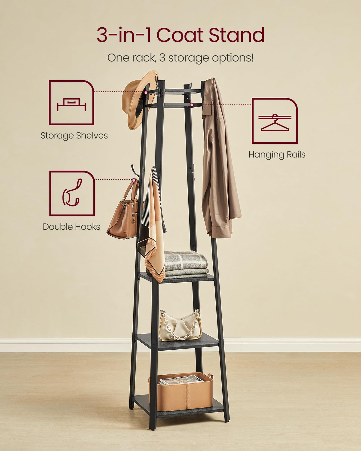 VASAGLE Coat Rack Freestanding, Hall Tree with 4 Shelves