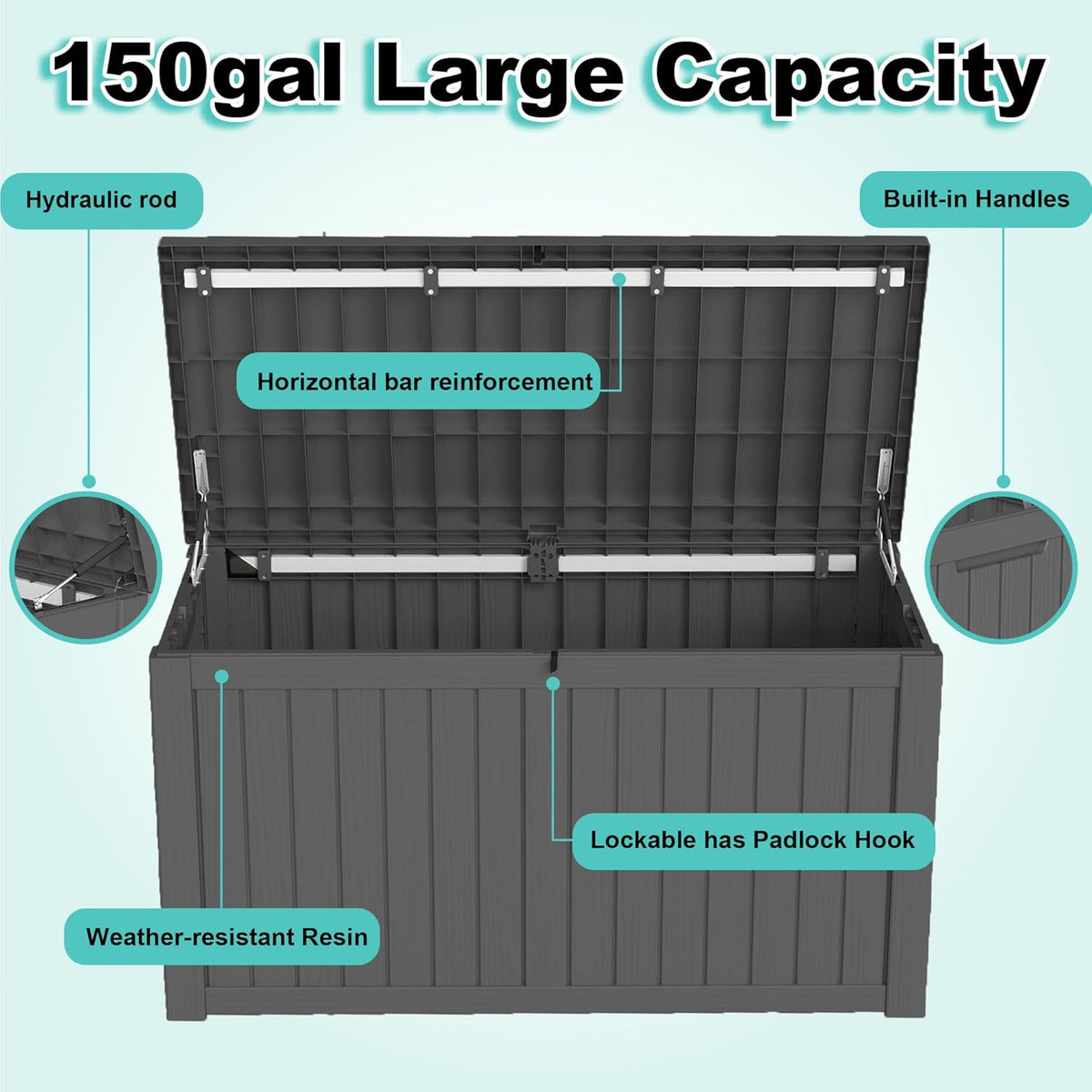 150Gal Outdoor Deck Box Waterproof, Lager Patio Storage Box Indoor and Outdoor Use, Lockable Resin