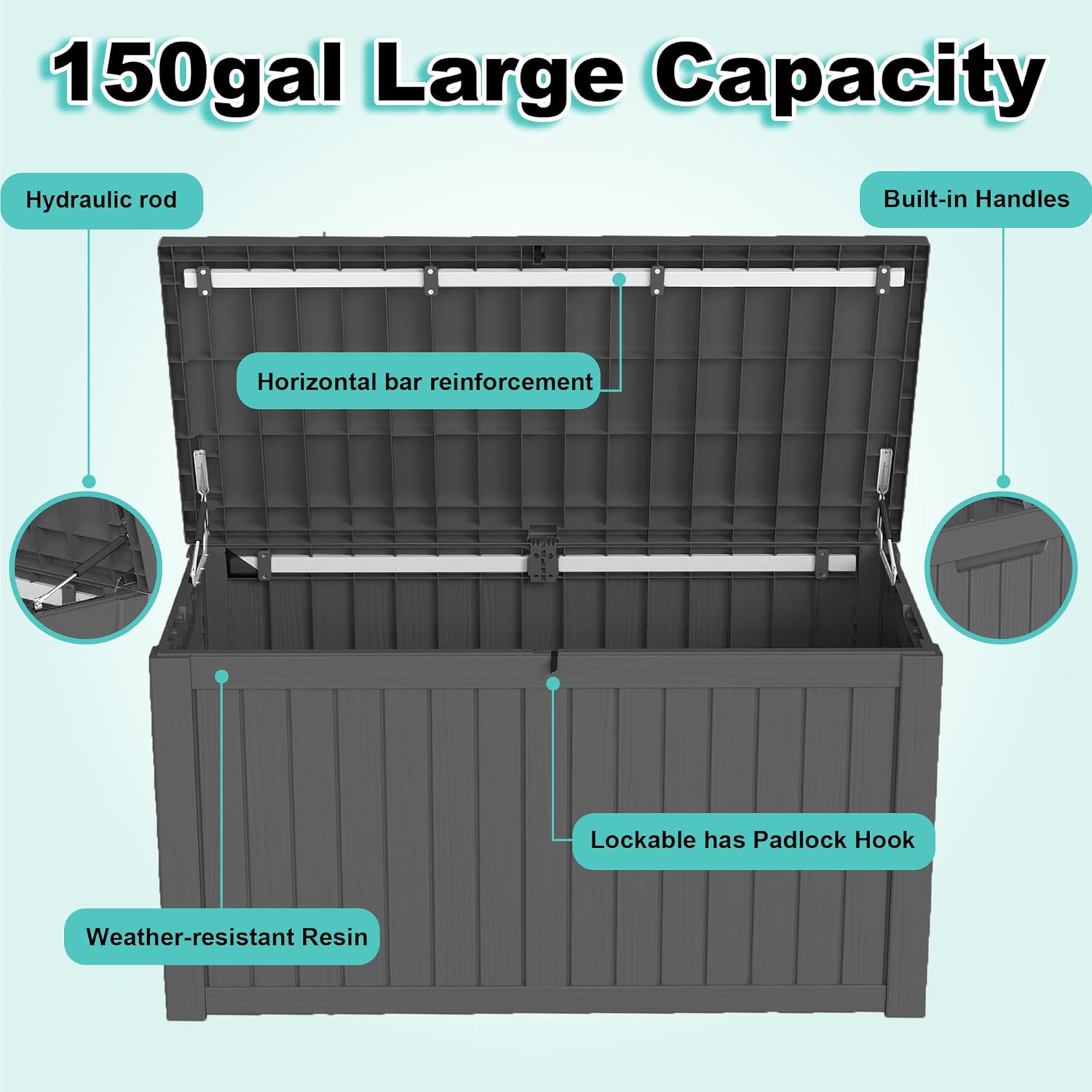 150Gal Outdoor Deck Box Waterproof, Lager Patio Storage Box Indoor and Outdoor Use, Lockable Resin