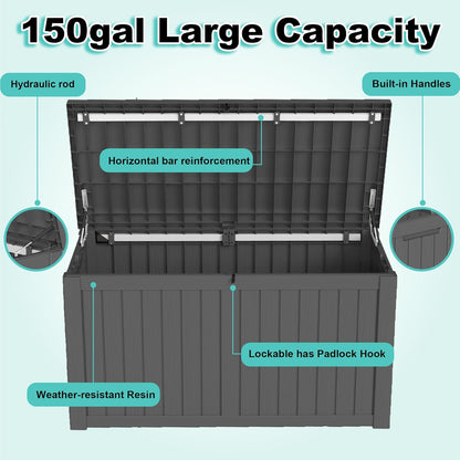 150Gal Outdoor Deck Box Waterproof, Lager Patio Storage Box Indoor and Outdoor Use, Lockable Resin