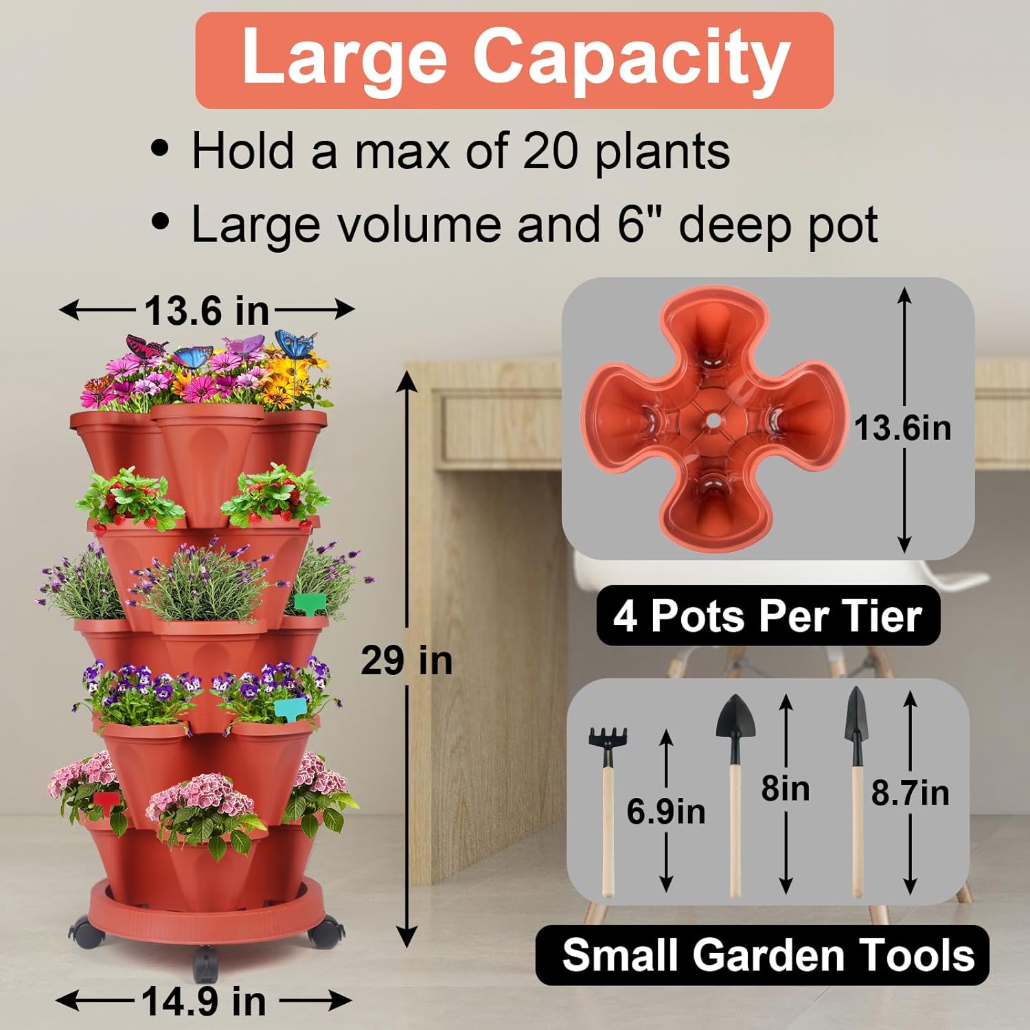 DUNCHATY Stackable Planter, Vertical Strawberry Planter with Garen Tool Set, Self Watering Garden
