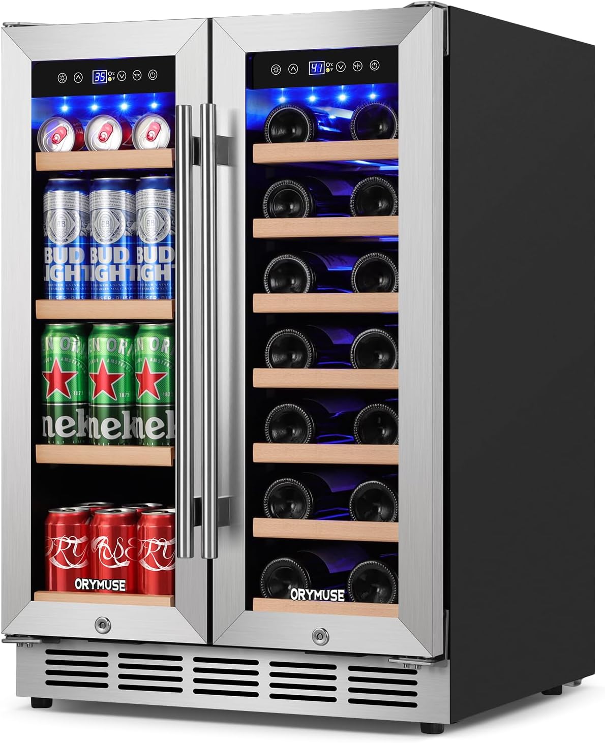 24 Inch Dual Zone Wine and Beverage Refrigerator, Built-in or Freestanding Cooler with French