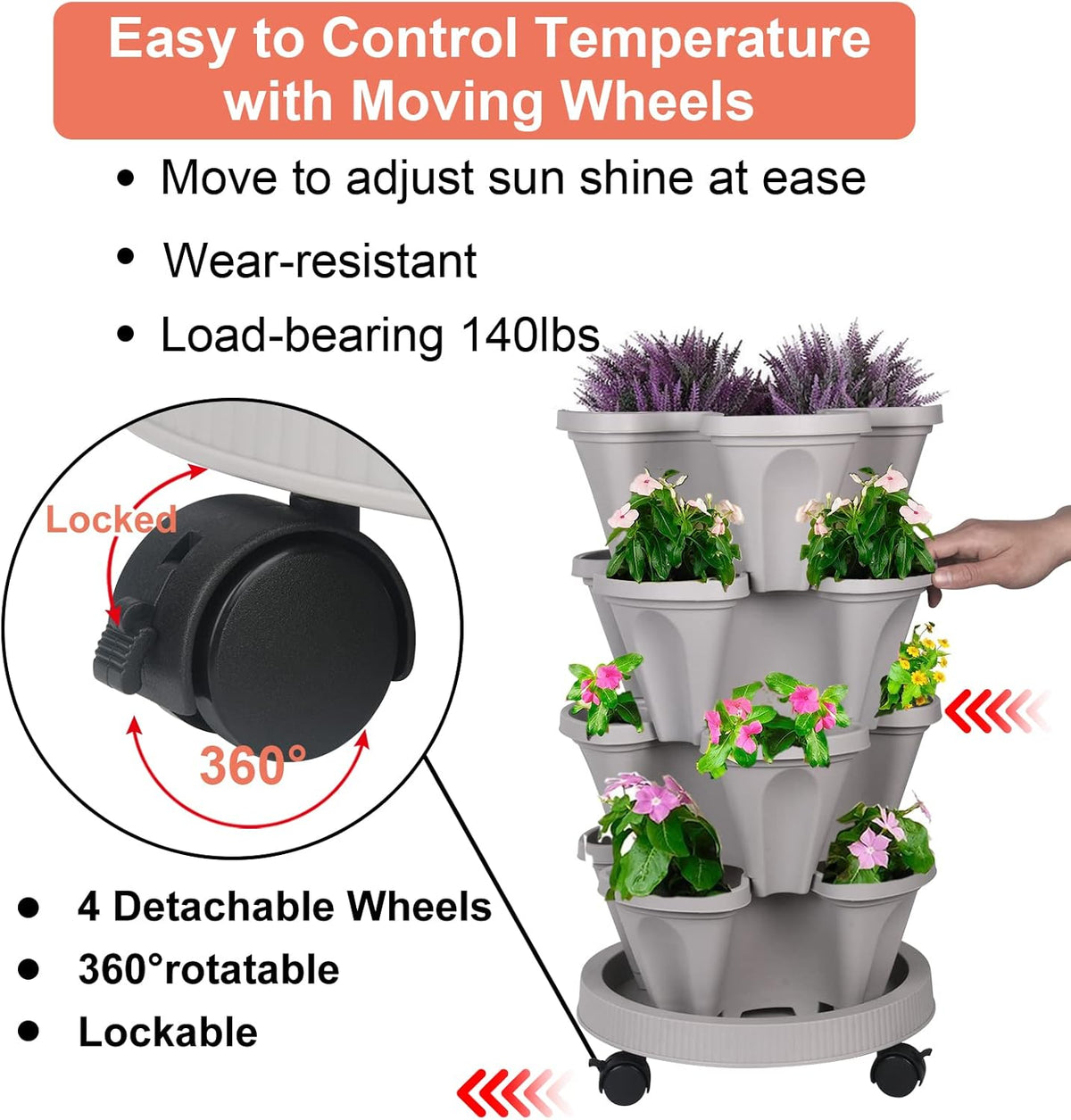 DUNCHATY Stackable Planter, Vertical Garden Planter with Wheels and Tools, Self Watering Strawberry