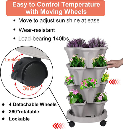 DUNCHATY Stackable Planter, Vertical Garden Planter with Wheels and Tools, Self Watering Strawberry