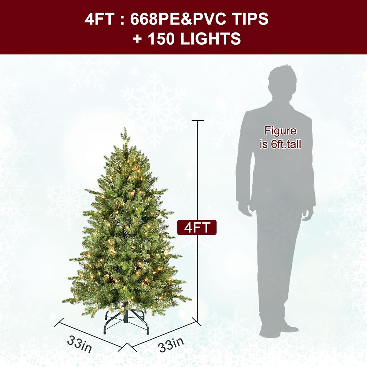 4FT Pre-Lit Artificial Christmas Tree with 628 PE&PVC Mixed Branch Tips, 200 Warm White Lights