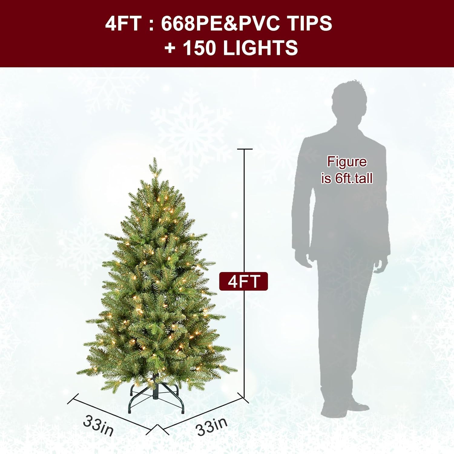 4FT Pre-Lit Artificial Christmas Tree with 628 PE&PVC Mixed Branch Tips, 200 Warm White Lights