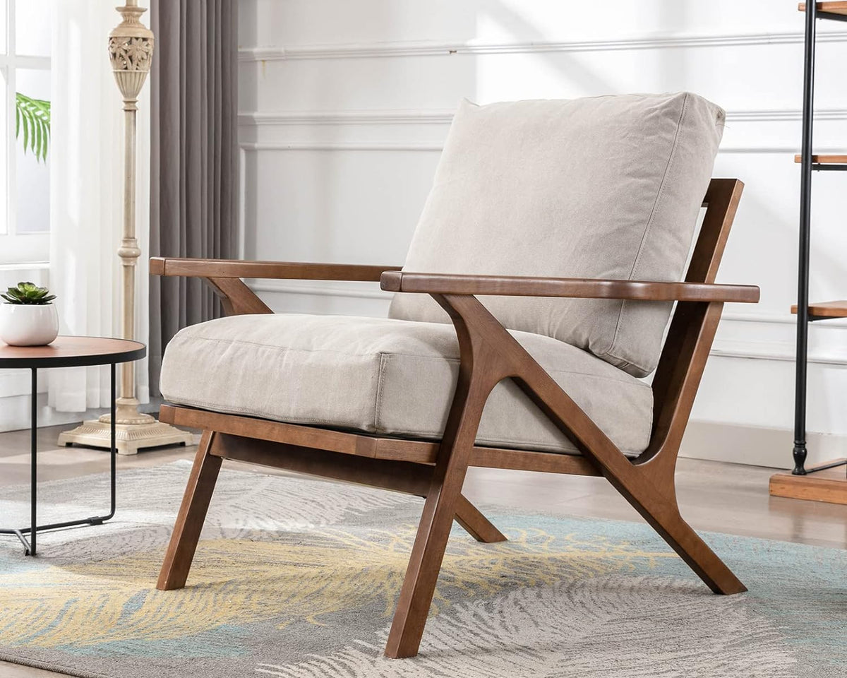HNY Set of 2 Mid Century Accent Chair, Faux Leather Upholstered Armchair with Wood Frame and Canvas