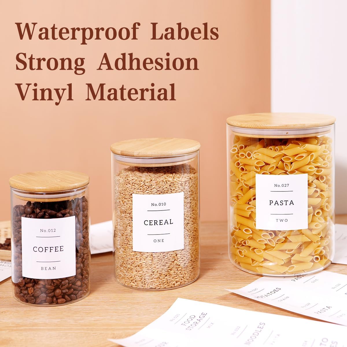 3 Pcs Glass Canisters with Airtight Bamboo Lids and 42 Kitchen Pantry Labels Preprinted - Clear