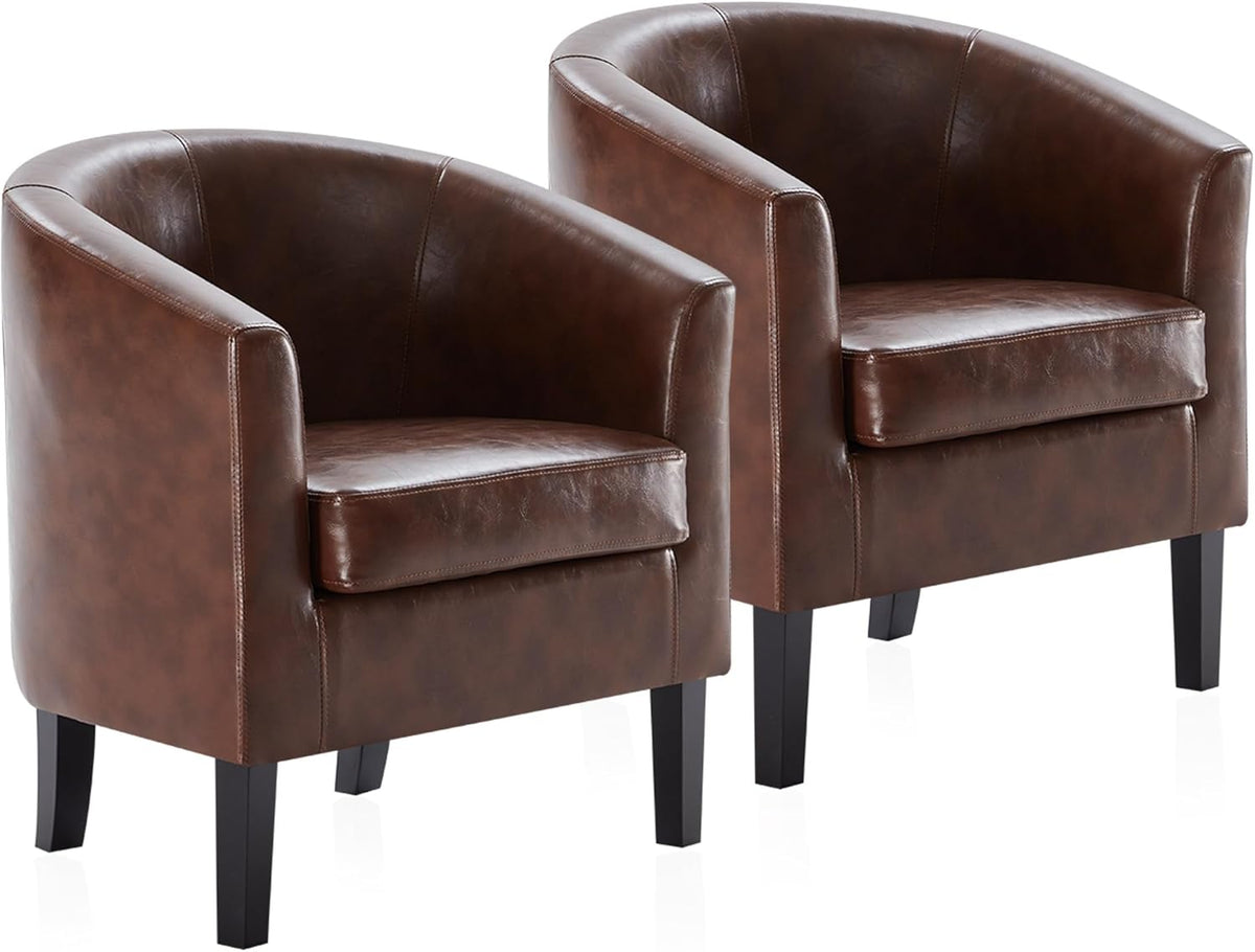 BELLEZE Accent Barrel Chair, Set of 2 Faux Leather Round Club Tub Sofa Corner Chair with Flared