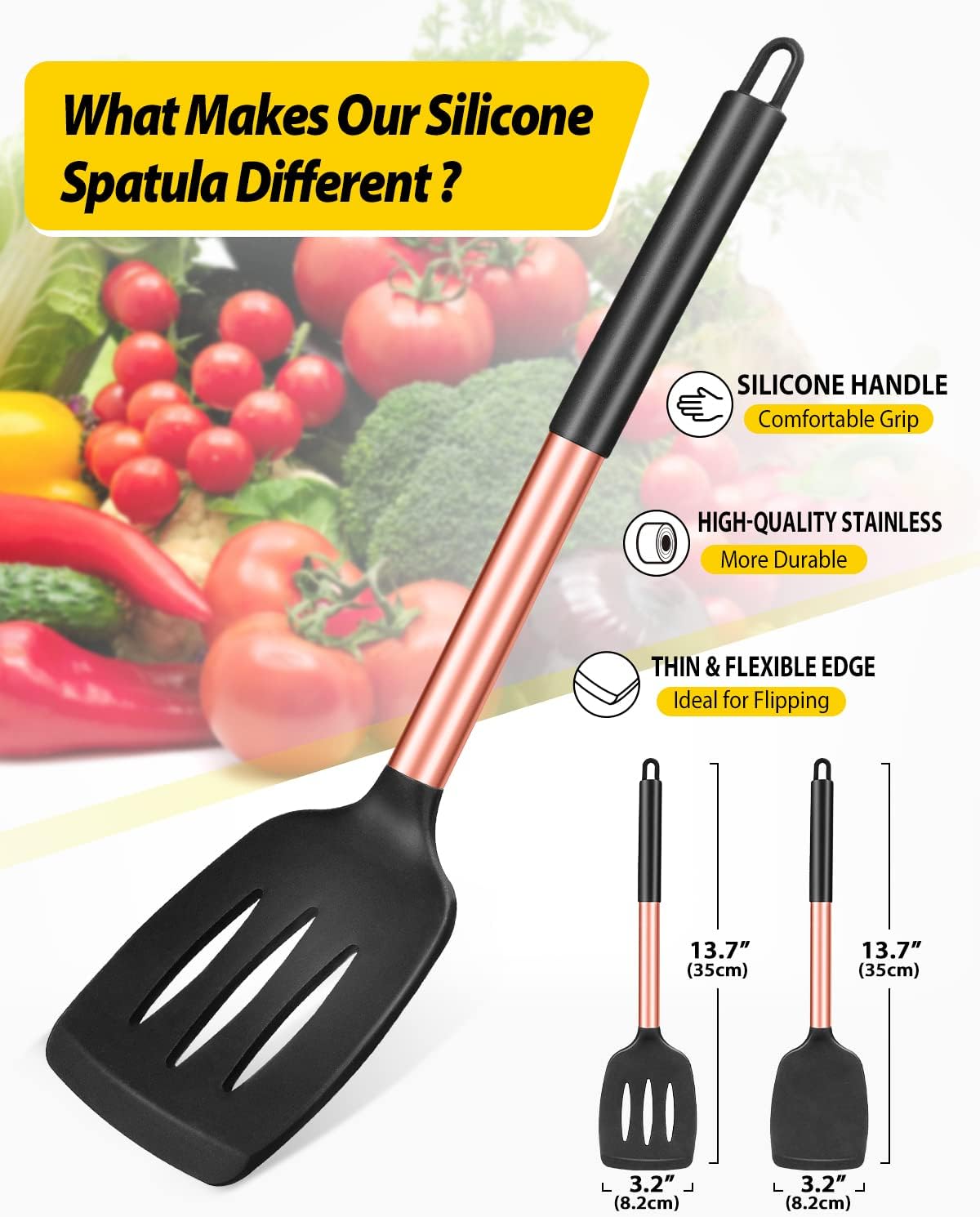 Pack of 2 Silicone Solid Turner, Non Stick Slotted Kitchen Spatulas, High Heat Resistant BPA Free