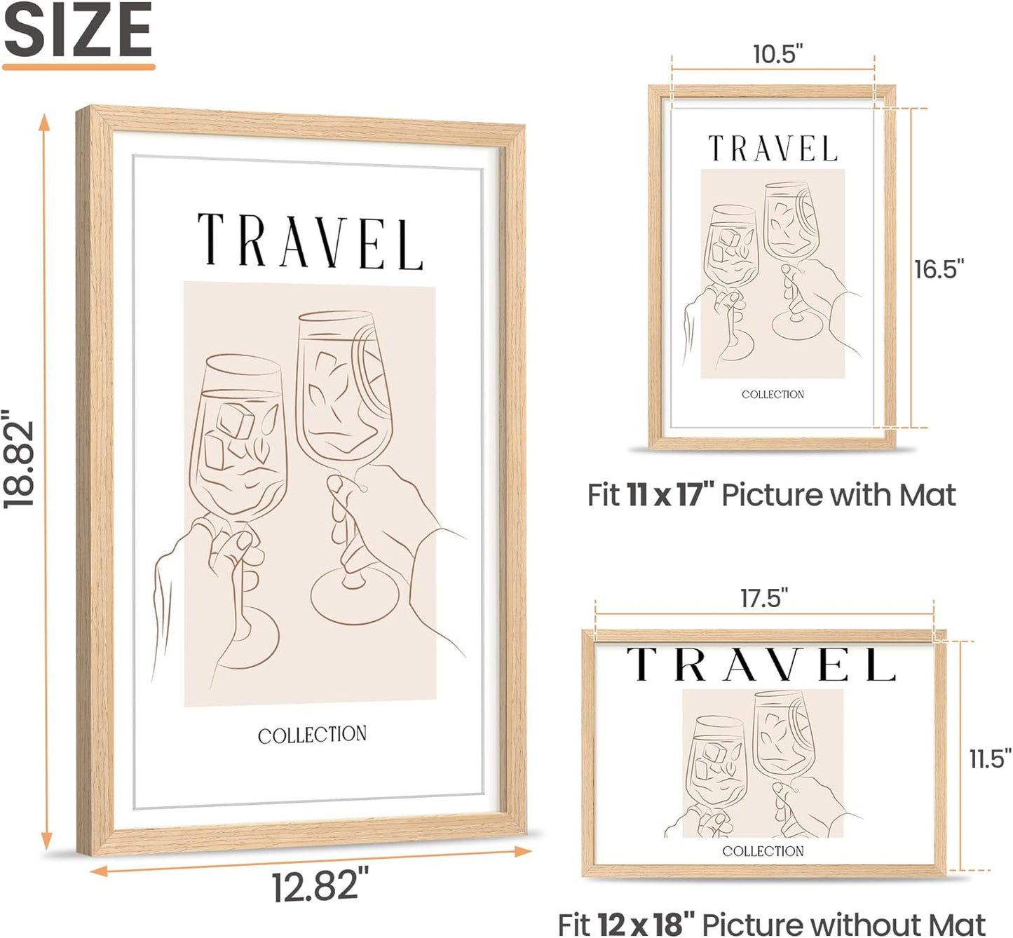 upsimples 12x18 Frame, Natural Solid Wooden Picture Frames, Display 11x17 with Mat or 12 x 18
