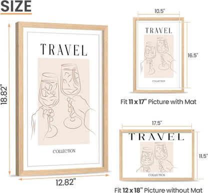 upsimples 12x18 Frame, Natural Solid Wooden Picture Frames, Display 11x17 with Mat or 12 x 18