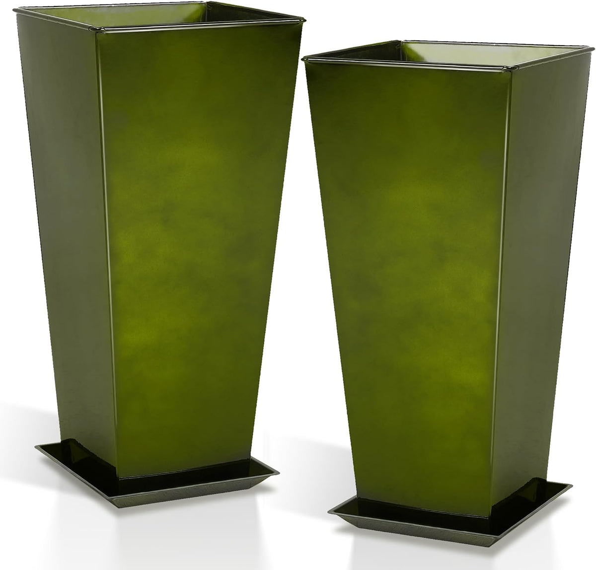 WORTH Garden 28" Large Metal Glazed Planter Set of 2, Luxurious Glossy Finish Green Tall Square