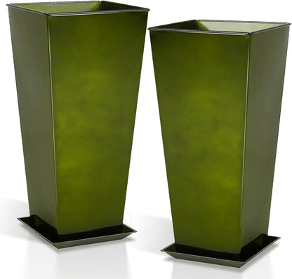 WORTH Garden 28" Large Metal Glazed Planter Set of 2, Luxurious Glossy Finish Green Tall Square