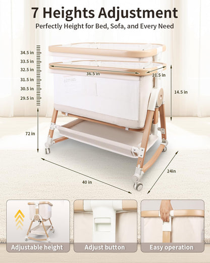 4 in 1 Baby Bassinet, Bassinets Bedside Sleeper with Wheels and Storage Basket, Adjustable 7