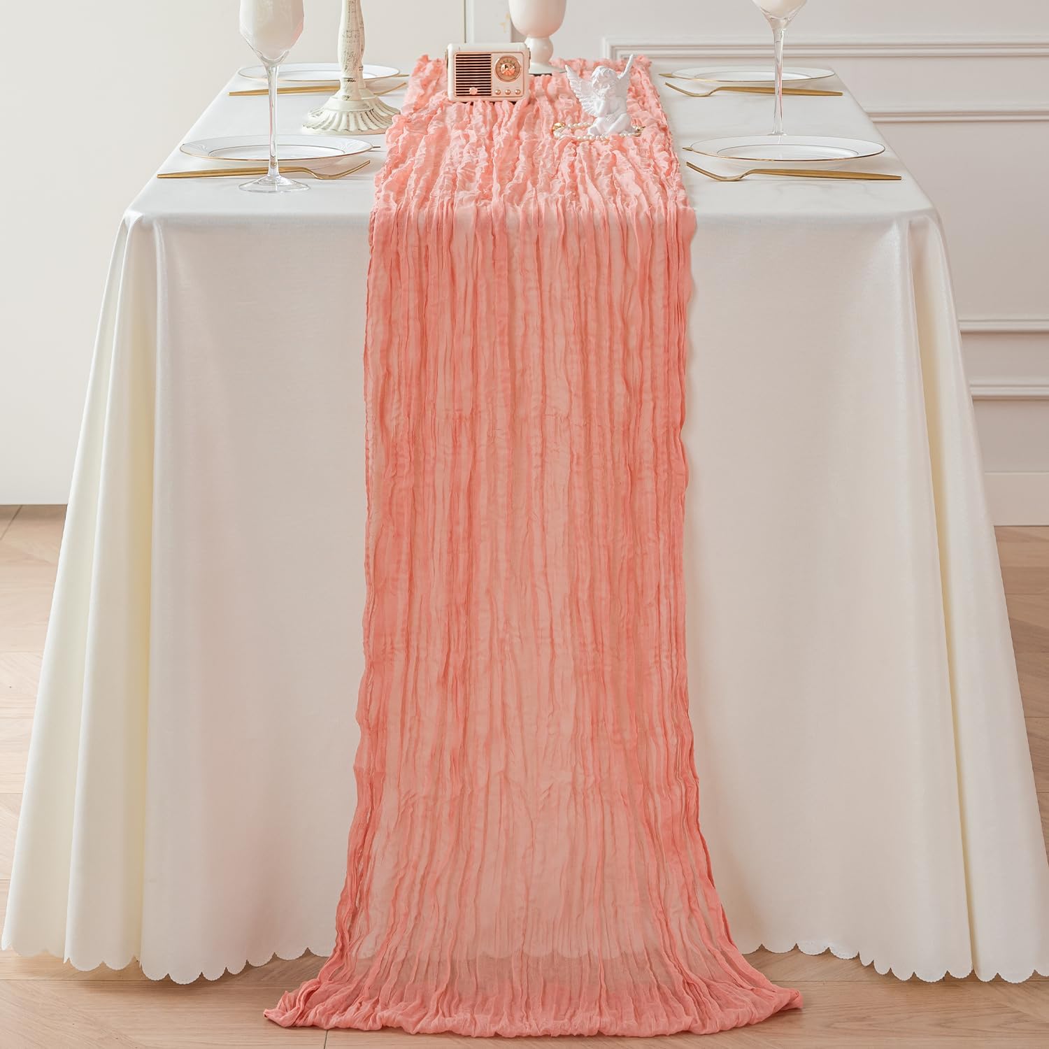 Sioloc 1 Pack Peach Coral Cheesecloth Table Runner Fall Autumn Decor for Home 10ft Table Cloth for