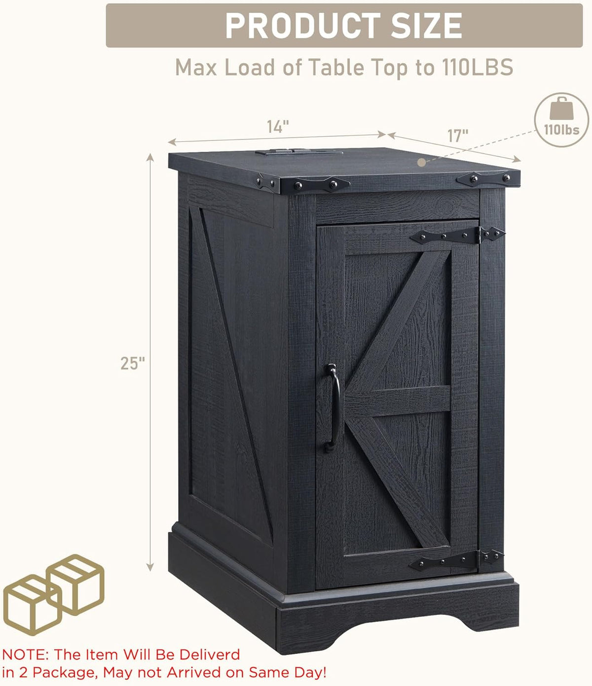 JXQTLINGMU Farmhouse Nightstand Set of 2 with Charging Station, 17" D Rectangular End Table with