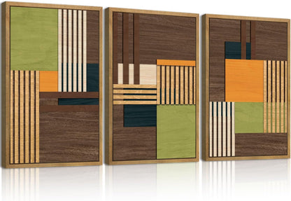 Large Modern Abstract Wall Art Set Minimalist Line Wood Wall Decor Neutral Brown Art Decor Colorful