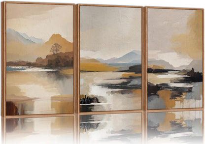 Tinonedraw Beige Mountain Landscape Framed Canvas Wall Art, Abstract Mid Century Modern Wall Decor