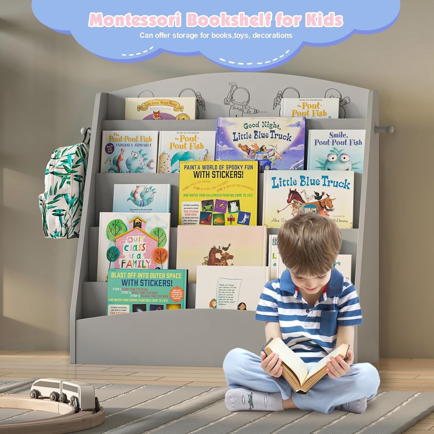 5-Tier Kids Bookshelf Montessori Toddler Book Rack Baby Bookcase Floor Front Facing Magazine