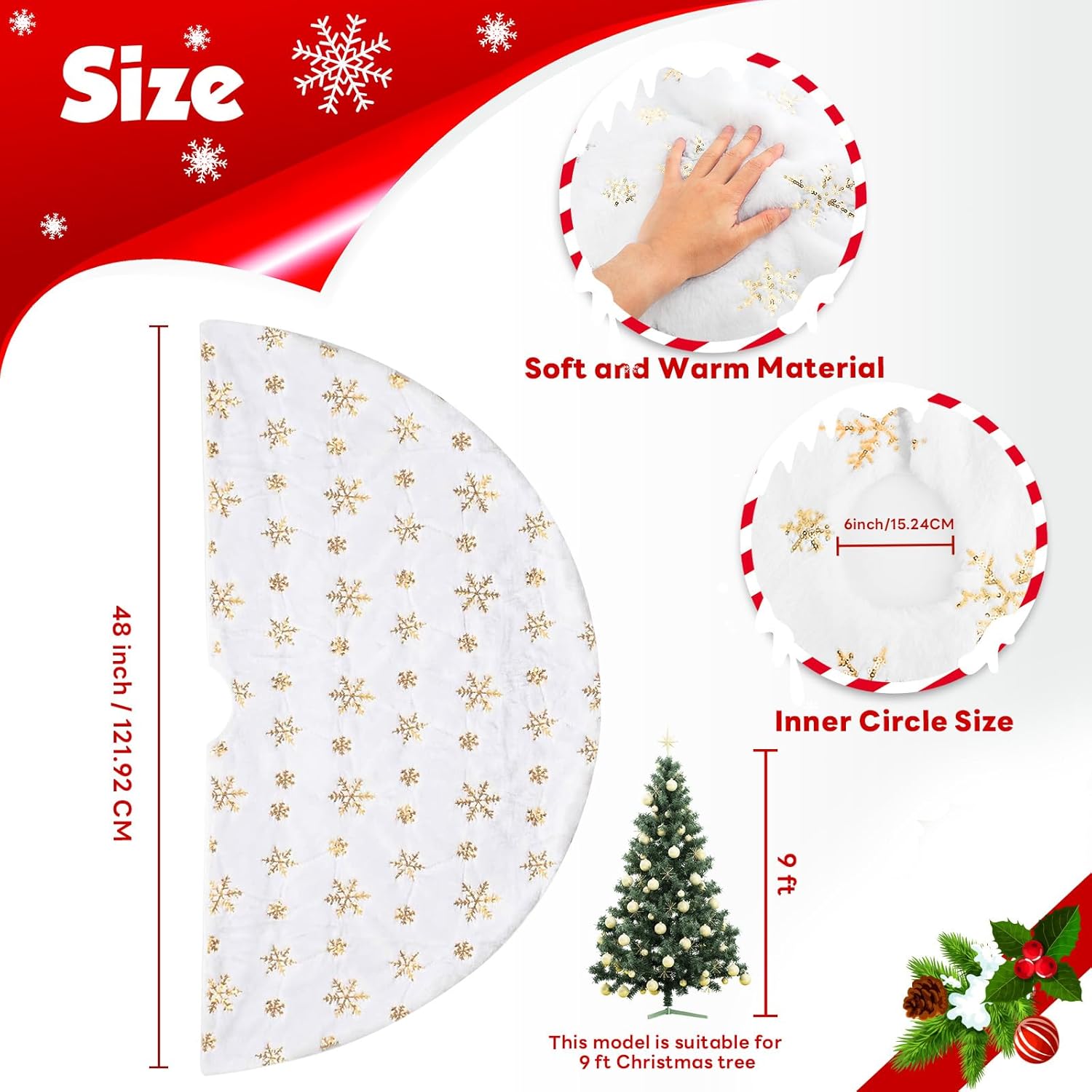 Christmas Tree Skirt 48Inch, Holiday Part Decorations for Christmas Tree, Whit Plush Glod Sequin
