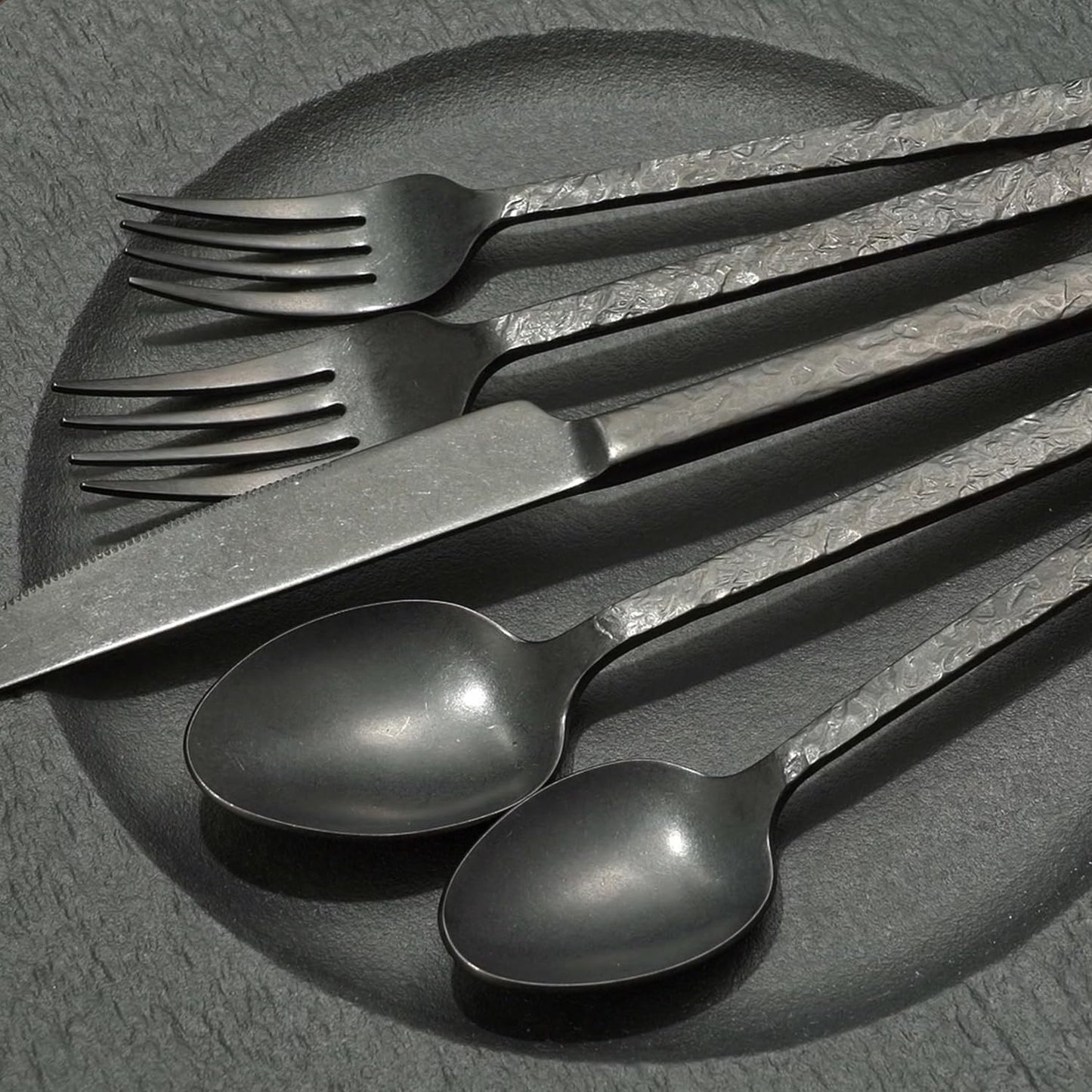 KINGSTONE 60 Pcs Black Hammered Silverware Set for 12, 18/10 Stainless Steel Heavy Duty Flatware