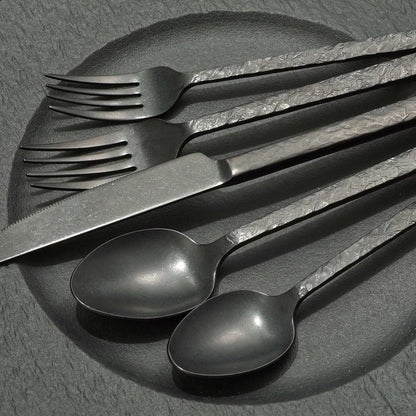 KINGSTONE 60 Pcs Black Hammered Silverware Set for 12, 18/10 Stainless Steel Heavy Duty Flatware