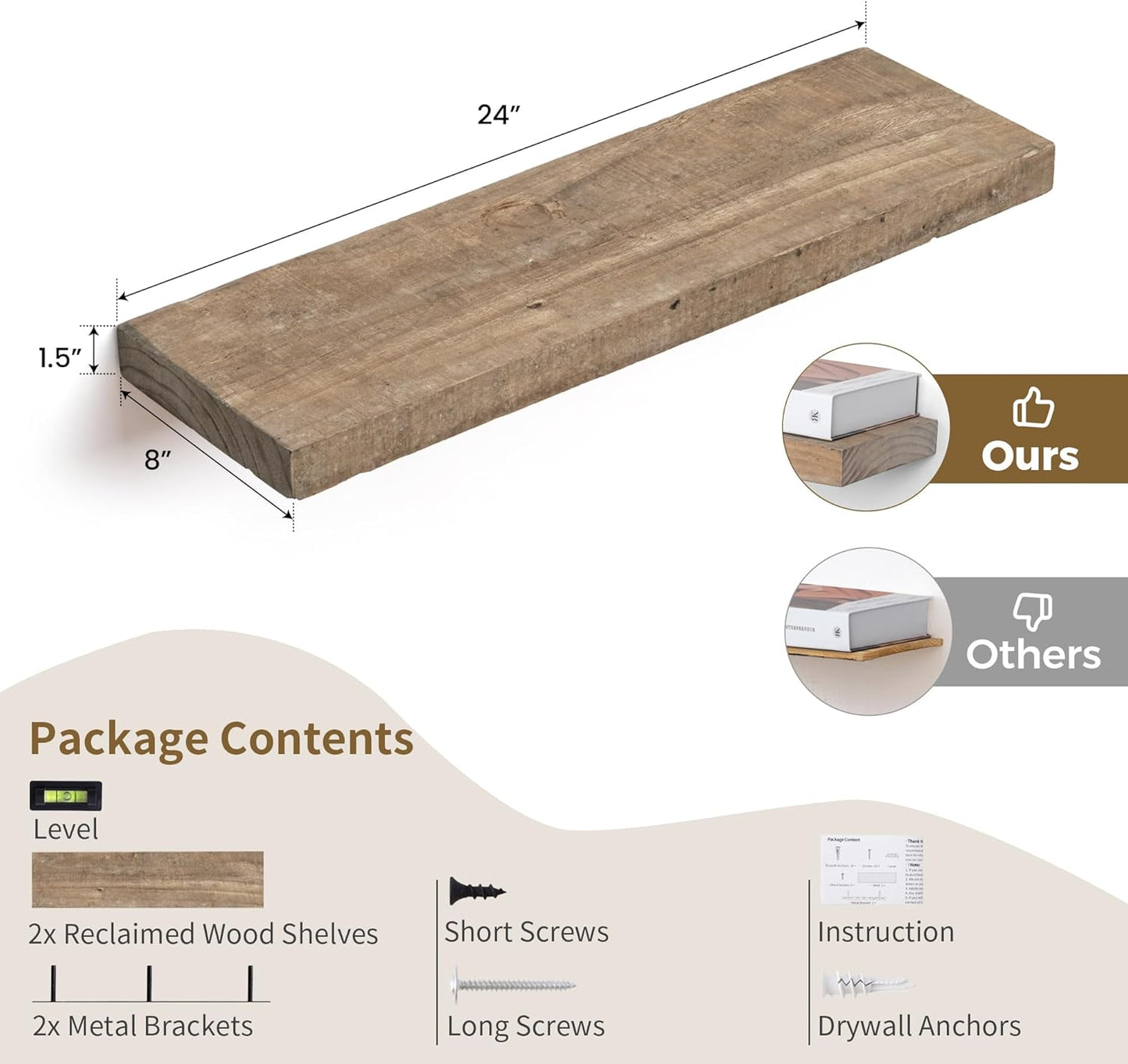 Floating Shelves, 8 Inch Deep Rustic Solid Reclaimed Wood Wall Shelves for Storage, Wall Mounted