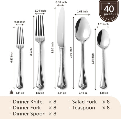 KINGSTONE Silverware Set, 40-piece 18/10 Stainless Steel Flatware Set Cutlery Set for 8, for