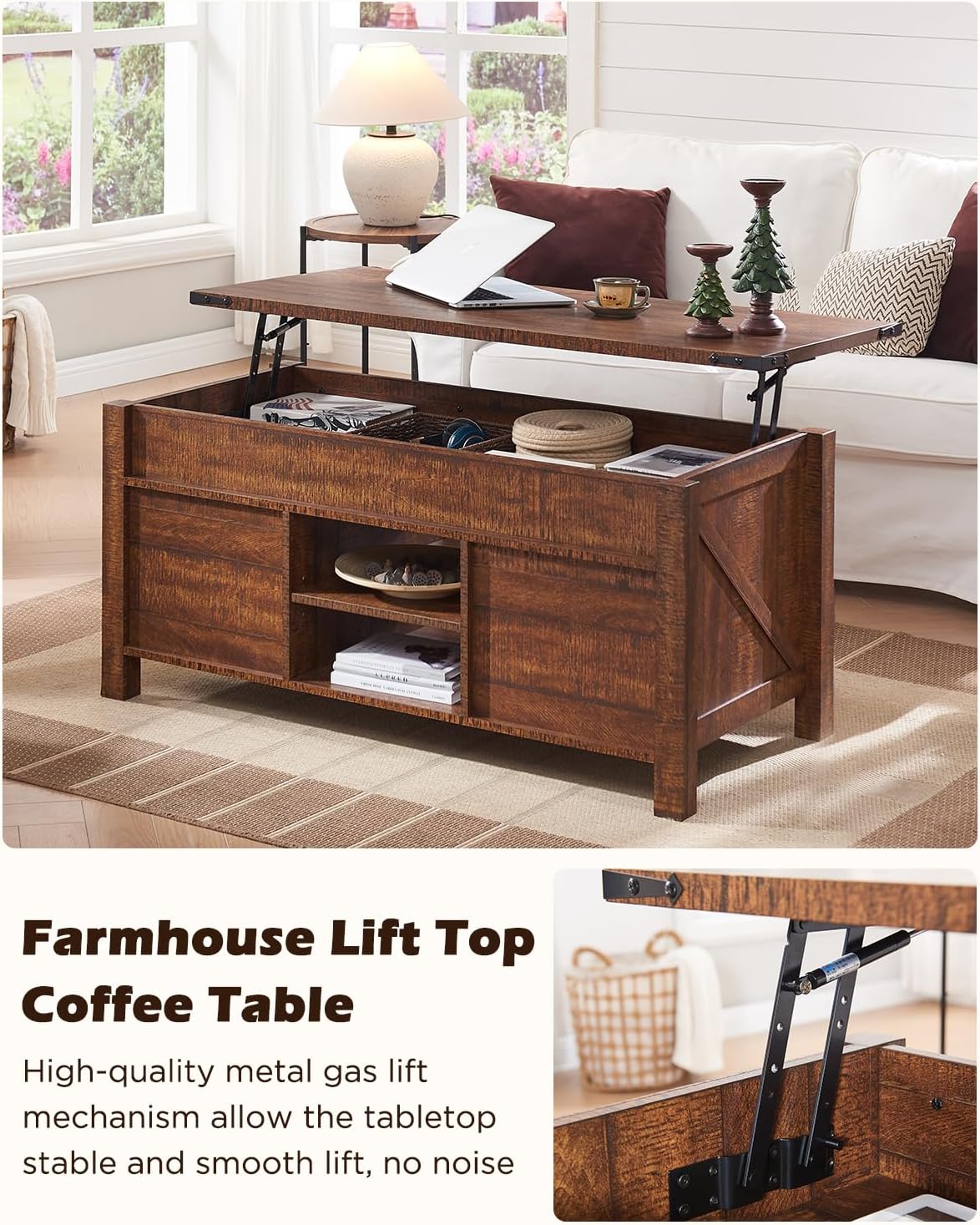 OKD 48" Farmhouse Lift Top Coffee Table with Sliding Barn Door,Rustic Center Table with Hidden