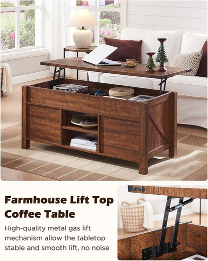 OKD 48" Farmhouse Lift Top Coffee Table with Sliding Barn Door,Rustic Center Table with Hidden
