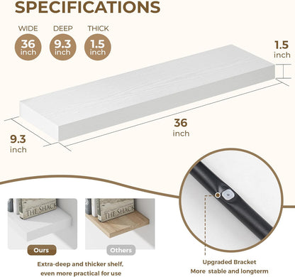 36 Inches Floating Shelves for Wall, 9.3" Deep Long Floating Shelves Set of 2, Large Display &