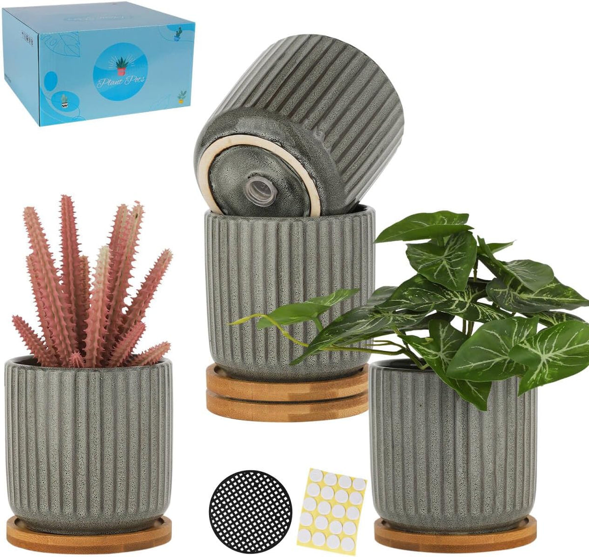 TAMAYKIM 4 Inch Cylinder Ceramic Plant Pots with Drainage Holes & Saucers, Glazed Green Grey Small