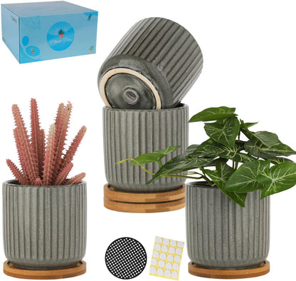 TAMAYKIM 4 Inch Cylinder Ceramic Plant Pots with Drainage Holes & Saucers, Glazed Green Grey Small