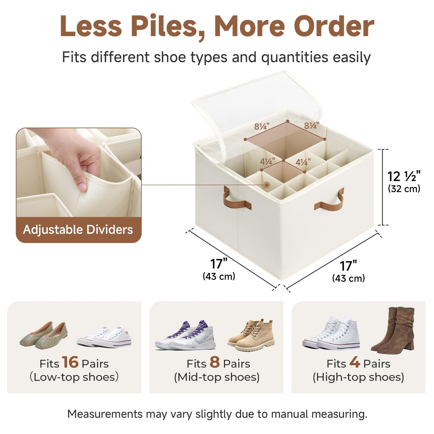 StorageWorks 16-Pair Shoe Organizer for Closet, Adjustable Dividers, Beige