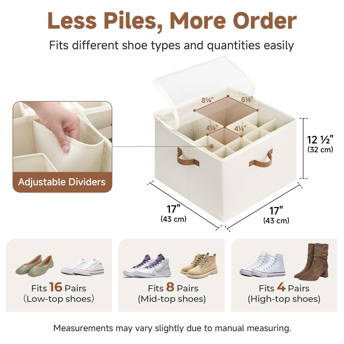 StorageWorks 16-Pair Shoe Organizer for Closet, Adjustable Dividers, Beige