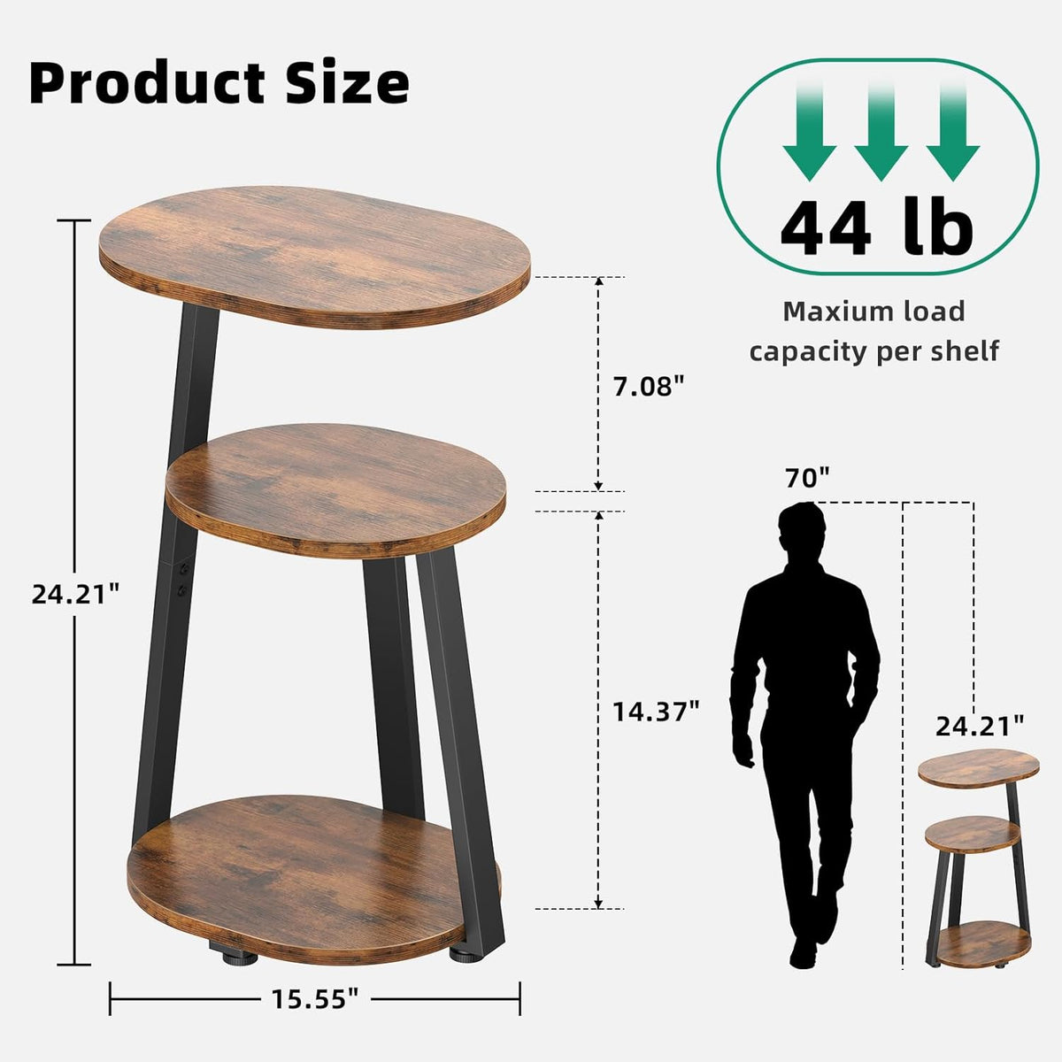 Side Table, Small End Table with Metal Frame, 3-Tier Bedside Tables, Round Side Tables for Living