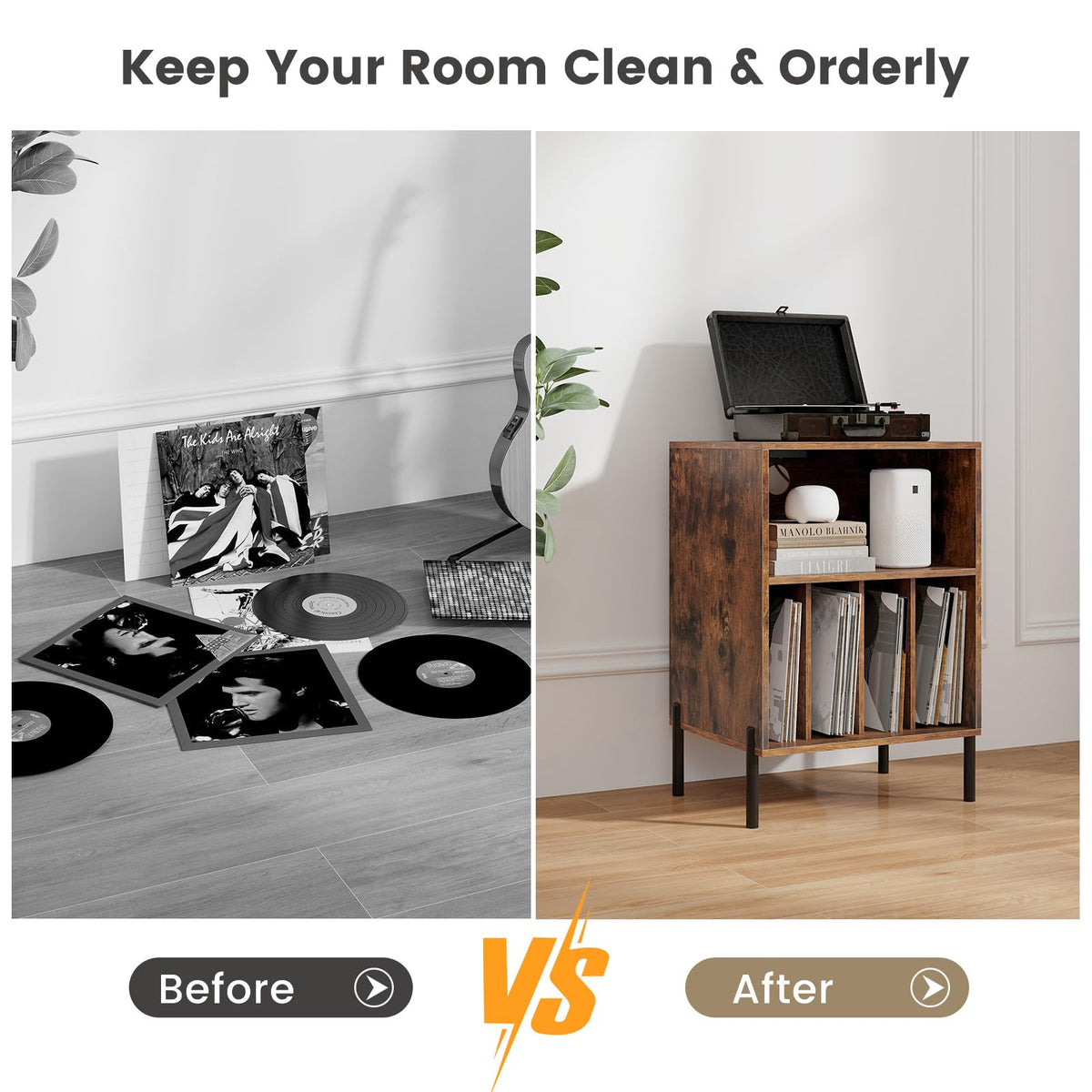 Giantex Record Player Stand with Charging Station, Turntable Stand with Storage Cabinet, Record
